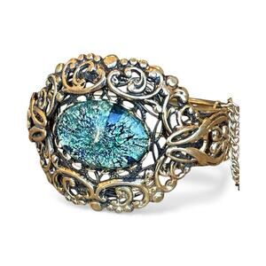 Vintage Blue Dragon’s Breath Foil Art Glass Hinged Bangle Bracelet Gold Tone